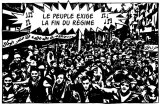 L'image montre une foule de manifestants marchant ensemble, brandissant des pancartes et célébrant. Un dialogue en haut indique : "LE PEUPLE EXIGE LA FIN DU RÉGIME", ce qui suggère une protestation ou une revendication pour le changement. L'ensemble est en noir et blanc, donnant une impression de gravité et d'intensité.