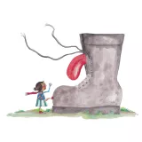 L'image représente une jeune fille devant une énorme botte. Elle porte une tenue colorée avec des pois et une écharpe rouge. La botte est disproportionnée par rapport à elle, avec une texture grise et des lacets. Un long morceau de tissu ou de caoutchouc sort de la botte, donnant l'impression qu'elle s'anime. La fille semble déterminée, levant le pied pour frapper la botte. Le fond est simple, avec de l'herbe verte. Cette illustration donne une impression ludique et fantaisiste.