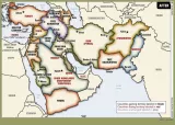Cette image présente une carte de la région du Moyen-Orient, illustrant des changements territoriaux. Les pays sont délimités par des contours colorés, et certains territoires sont marqués en noir, indiquant ceux qui ont acquis de nouveaux territoires. Les pays qui conservent leur territoire inchangé sont indiqués en gris. La carte semble suggérer des modifications géopolitiques ou des revendications territoriales dans des zones spécifiques, mais les détails exacts des transformations ne sont pas spécifiés dans l'image.