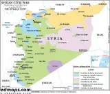 Cette image est une carte de la Syrie, représentant la situation du contrôle territorial dans le contexte de la guerre civile syrienne, selon la perspective russe. On y voit différentes zones colorées, indiquant les régions contrôlées par diverses factions, comme le gouvernement syrien, les forces kurdes, et d'autres groupes. Les frontières sont marquées, ainsi que les noms de plusieurs villes et régions clés, comme Alep, Damas, et Raqqa. La carte donne également un aperçu des pays voisins tels que la Turquie, l'Irak, et la Jordanie.