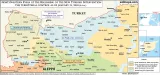 L'image est une carte de la Syrie du Nord-Ouest, datée du 21 janvier 2018, montrant les zones de contrôle territorial au début de l'intervention turque. On y voit la frontière entre la Turquie et la Syrie, ainsi que des villes importantes telles qu'Alep et Manbij. Les différents secteurs sur la carte sont colorés pour indiquer les zones de contrôle par différentes forces, y compris le gouvernement turc et les groupes soutenus. Des légendes et annotations expliquent les zones et les opérations militaires en cours à cette période.