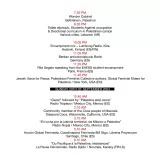 L'immagine sembra essere un programma di eventi o un'agenda per una conferenza che si svolgerà a partire dal 29 settembre 2024. Include una serie di orari e attività, con le seguenti informazioni principali: - Inizio di eventi a partire dalle 7:35 con il "Wonder Cabinet" a Betlemme, Palestina. - Diverse presentazioni e discussioni sull'occupazione palestinese e sulla curriculare didattica, con ospiti provenienti da vari luoghi, tra cui Libano e Messico. - Una discussione dedicata a temi femministi, con partecipazione di autori e attivisti. - Le attività si concluderanno con una sessione alle 12:40 la domenica 29 settembre 2024. Le voci elencate sembrano riferirsi a iniziative legate a questioni sociali, politiche e femministe in un contesto internazionale.