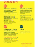 L'image présente le programme d'une journée, avec des horaires et des titres de conférences et discussions sur divers sujets liés à la Palestine. Les thèmes incluent la diffamation, la censure, et des problématiques liées aux droits des Palestiniens. Les intervenants et les organismes sont également mentionnés.