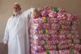 Said Badchah pose à côté de sacs d'oignons qu'il a importés via le port de Hamad.