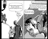 L'image montre deux hommes se parlant dans une scène extérieure. L'un évoque une promesse de richesse, tandis que l'autre semble inquiet à propos de la police et des conséquences d'une situation imprévue. Il y a également un lampadaire et un cheval en arrière-plan.