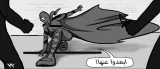 L'image montre un personnage masqué en tenue de ninja, en position dynamique et prêt à se battre. Il est entouré par deux silhouettes sombres. Un dialogue écrit en arabe dit "Éloignez-vous d'elle !" en dessous. Tout est en noir et blanc.