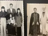 L'image présente deux photographies en noir et blanc. La première photo, à gauche, montre une famille composée de plusieurs membres : un homme en costume, une femme et quatre enfants, dont deux filles aux cheveux longs et une jeune fille portant une robe à pois. L'ambiance semble chaleureuse et conviviale.La seconde photo, à droite, représente deux hommes. L'un est vêtu d'un long manteau, tandis que l'autre porte un turban et un vêtement traditionnel. Les arrière-plans sont simples et neutres, mettant l'accent sur les sujets. Ces photographies semblent être anciennes, évoquant des souvenirs de famille.