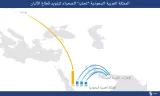  Carte montrant des flèches indiquant des données d'Internet en Arabie Saoudite et ses voisins.