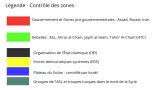 L'image présente une légende indiquant le contrôle des zones en Syrie, avec différentes couleurs représentant divers groupes et entités. - **Rouge** : Gouvernement et forces pro-gouvernementales (Assad, Russie, Iran). - **Vert** : Rebelles (ASL, Ahrar al-Cham, Jaych al-Islam, Tahrir Al-Cham). - **Jaune** : Organisation de l'État islamique (OEI). - **Bleu** : Forces démocratiques syriennes (FDS). - **Noir** : Plateau du Golan, contrôlé par Israël. - **Orangé** : Groupes de l'ASL et troupes turques dans le nord de la Syrie. Cela indique les différentes zones de contrôle et les acteurs impliqués dans le conflit syrien.