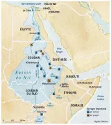 L'image est une carte de la région du Bassin du Nil, montrant divers pays et leurs frontières. On y voit des pays tels que l'Égypte, le Soudan, l'Érythrée, le Soudan du Sud, l'Éthiopie, Djibouti, et d'autres. La carte indique également des points d'eau majeurs, comme le Nil et ses affluents, ainsi que des barrages importants, marqués par des symboles spécifiques. Certains barrages sont indiqués comme étant en service, tandis que d'autres sont en projet. Les villes importantes, comme Khartoum et Addis-Abeba, sont également mentionnées, donnant une idée de la géographie politique et hydrogéographique de la région.