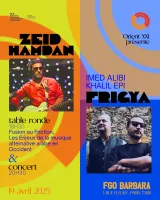 Affiche pour un concert : artistes, dates, horaires et lieu en arrière-plan coloré.