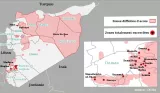 Cette image est une carte de la Syrie qui illustre les zones difficiles d'accès et les zones totalement encerclées. On y voit des villes comme Alep, Rakka, et Deir Ez-Zor, ainsi que la région de Damas. Les zones difficiles d'accès sont indiquées en rose, tandis que les zones totalement encerclées sont marquées par des cercles rouges. À droite, un zoom sur la région de Damas montre également d'autres localités et leur statut. La source indiquée est OCHA.