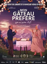 L'image représente une affiche de film colorée. Au premier plan, on voit une femme âgée et une jeune femme, entourées d'un décor vibrant comprenant des fleurs et des éléments symboliques. Elles semblent partager un moment intimiste et joyeux, suggérant une thématique de connexion et de nostalgie. Le titre du film, "Mon Gâteau Préféré", est inscrit en grandes lettres, et il y a des inscriptions en arabe. L'affiche évoque des thèmes de liberté et d'amour, avec un lien apparent à l'Iran. Le style artistique est chaleureux et accueillant, attirant l'œil avec ses couleurs vives.