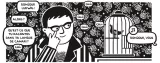 L'image montre un homme avec des lunettes et une chemise rayée, en train de parler à un oiseau dans une cage. L'homme semble intrigué et pose une question sur la langue des canaris. En arrière-plan, il y a un motif de fleurs.