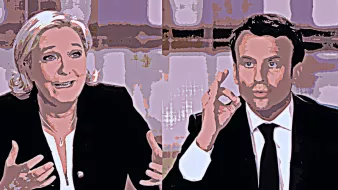 L'image montre deux personnes en train de discuter. À gauche, une femme souriante semble s'exprimer avec enthousiasme, tandis qu'à droite, un homme en costume adopte une posture attentive, peut-être en train de réagir à ce qui est dit. L'arrière-plan est flou et neutre, ce qui met l'accent sur les deux interlocuteurs. L'atmosphère de la scène indique un échange dynamique, probablement lié à un débat ou une discussion politique.