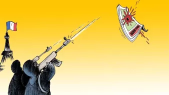 L'image représente des silhouettes de personnes armées pointant leurs fusils vers un billet de banque qui s'envole, décoré d'un symbole de danger. En arrière-plan, on peut voir la silhouette de la Tour Eiffel et un drapeau français, suggérant un contexte lié à la France. L'ensemble de l'image est dominé par des couleurs vives, avec un fond jaune qui attire l'attention. Cette illustration semble aborder des thèmes de violence, de monnaie et peut-être de critique sociale ou politique.