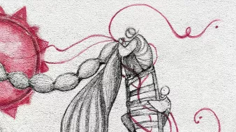 L'immagine mostra dei personaggi stilizzati che si intrecciano. Una figura principale, avvolta in una sorta di nastro o legatura, sembra abbracciare un'altra figura più piccola. Attorno a loro ci sono linee fluide e dinamiche, che creano un senso di movimento e connessione. Sullo sfondo, un grande sole rosso emana energia, accentuando l'atmosfera di calore e intimità tra le figure. La combinazione di toni chiari e scuri suggerisce un contrasto tra vulnerabilità e forza.