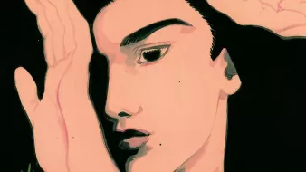 L'image représente un visage stylisé sur un fond noir. Le visage, qui semble être celui d'une personne, est dessiné avec des traits marqués, notamment des sourcils épais et des lèvres bien définies. Les mains entourent le visage, ajoutant une dynamique intéressante à la composition. La palette de couleurs est plutôt limitée, avec des teintes de rose et de blanc pour le visage, contrastant avec le noir du fond. Un petit élément vert, semblable à une plante, est visible dans le coin inférieur gauche.