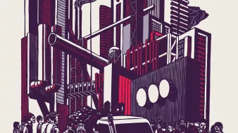 L'image présente une scène urbaine avec une architecture moderne, où des buildings imposants se mélangent à des installations industrielles. On peut voir des foreuses à pétrole et des cheminées dégageant de la fumée, suggérant une forte activité industrielle. Au premier plan, un groupe de personnes semble observer la scène, entouré de véhicules tout-terrain. Les couleurs dominantes sont des teintes sombres et rougeâtres, renforçant une atmosphère à la fois dynamique et un peu pesante. L'ensemble illustre une interaction entre la ville, l'industrialisation et les personnes qui évoluent dans cet environnement.