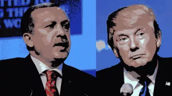 The image features a split-screen depiction of two men. On the left, a figure is speaking at a podium, dressed in a suit and tie with a red patterned tie, likely suggesting a formal setting or a political speech. The background appears to have blue tones and text that is partially obscured. On the right, another man is shown with a serious expression, also dressed in a suit and tie, and he appears to be in a similar setting with a microphone in front of him. The overall color tone of the image is stylized, giving it an artistic or graphic quality.