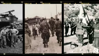 L'image est composée de trois photographies en noir et blanc, montées côte à côte. 1. La première image montre des soldats posant devant un char d'assaut, pouvant suggérer un contexte militaire ou de guerre. 2. La deuxième photographiе met en scène un groupe de personnes marchant dans une rue, probablement dans un village, avec des enfants et des adultes portant des vêtements traditionnels. 3. La dernière image présente des soldats en uniforme, tenant des drapeaux et se tenant en rang, ce qui peut indiquer une cérémonie ou un rassemblement militaire. Ces images semblent refléter des événements historiques ou des scènes de vie en lien avec un contexte de conflit ou de mobilisation militaire.