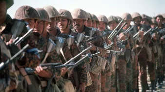 تظهر الصورة مجموعة من الجنود المتراصين في صفوف مرتبة. يرتدي الجنود زيًا عسكريًا يتميز بنقوش لونية، ويحملون أسلحة في أيديهم. يبدو أن الجميع في حالة تأهب واستعداد. تظهر خلفهم بيئة صحراوية، مما يوحي بأنهم قد يكونون في موقع تدريبي أو في ساحة معركة. تعكس الصورة انضباطًا وقوة.