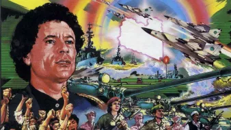 L'image représente une illustration dynamique et colorée qui met en avant un personnage central, probablement une figure politique ou militaire, avec un regard déterminé. En arrière-plan, on peut voir des explosions et des missiles, soulignant une ambiance de guerre ou de conflit. Des soldats et des manifestants sont présents, évoquant un sentiment de soutien ou de mobilisation populaire. La composition mélange des éléments militaires, des machines de guerre, et des scènes de foule pour transmettre un message de force et de patriotisme. Les couleurs vives et les effets graphiques accentuent l'impact visuel de l'ensemble.