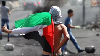 L'image montre une scène de manifestation où un jeune homme, le torse nu, brandit un drapeau palestinien. Il est tourné vers le côté, et son visage est partiellement masqué par un foulard. En arrière-plan, on peut voir d'autres manifestants ainsi que des débris et de la fumée, ce qui suggère une atmosphère de tension et de conflit. Les couleurs du drapeau, noir, rouge, blanc et vert, sont bien visibles.