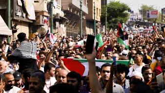 L'immagine mostra una grande folla di persone che partecipa a una manifestazione. Molti degli individui stanno alzando cartelli e bandiere, evidentemente in segno di protesta o per esprimere un messaggio politico. Ci sono bandiere di diversi paesi, tra cui quella palestinese. L'atmosfera sembra intensa e carica di emozione, con la folla che si snoda lungo una strada in un contesto urbano. Le persone appaiono unite e motivate, mentre alcuni sono in piedi su spalle di altri per farsi vedere meglio.