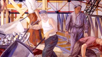 L'image représente une scène de travail sur un chantier de construction. On y voit plusieurs ouvriers en train de s'affairer autour de matériaux de construction. Un homme au premier plan pousse une brouette remplie de pierres, tandis que d'autres s'engagent dans des tâches variées, comme le transport de matériaux ou l'utilisation d'outils. L'ambiance de l'œuvre communique une forte impression de labeur et de collaboration, avec une attention remarquable aux détails des vêtements et des expressions des travailleurs. Le style de la peinture évoque une certaine époque, mettant en avant les efforts des ouvriers.