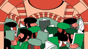 L'image représente un groupe de personnes se tenant sous une arcade. Elles portent des chapeaux et des vêtements de couleur verte, et certaines semblent porter des livres ouverts. Les personnages ont des expressions concentrées, comme s'ils étaient absorbés par leur lecture. L'architecture en arrière-plan présente des motifs en briques, créant une ambiance chaleureuse et accueillante.