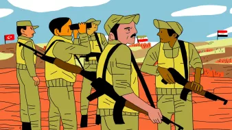 L'image montre un groupe de six soldats vêtus de tenues militaires de couleur beige, se tenant dans un paysage désertique. Certains d'entre eux portent des fusils et semblent vigilants, en train d'observer les environs. À l'arrière-plan, des drapeaux de la Turquie et d'un autre pays sont visible, ajoutant un contexte géopolitique à la scène. Le ciel est bleu avec quelques nuages, et le sol est rougeâtre,Characteristic of un paysage aride. L'ambiance semble sérieuse, indiquant une situation potentiellement tendue.