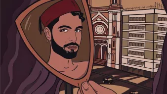 L'image montre un homme avec un turban rouge qui se reflète dans un miroir, tenu par une main. En arrière-plan, on peut voir un paysage urbain avec un bâtiment architectural remarquable et d'autres structures, le tout dans des tons chauds et terreux. Les rideaux violets encadrent la scène, ajoutant une touche d'élégance à l'image. L'ensemble dégage une ambiance introspective.