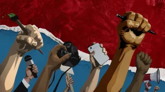 L'image montre une multitude de mains levées vers le haut, chacune tenant différents objets symboliques. On peut voir des microphones, des stylos, un appareil photo et un téléphone, soulignant un thème de protestation ou de revendication. En arrière-plan, il y a une texture de couleur rouge qui pourrait évoquer une ambiance de lutte ou de passion. Cette composition met en avant l'idée d'engagement et de voix collectives dans une lutte pour des droits ou des changements sociaux.