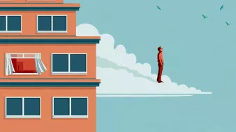 L'image représente un bâtiment coloré, probablement un immeuble de bureaux ou d'appartements, avec une façade orange. Sur l'un des étages, une fenêtre avec un rideau blanc s'ouvre sur un ciel bleu. En dehors du bâtiment, un homme en costume se tient debout sur un nuage. Le ciel est parsemé d'oiseaux, ajoutant une touche dynamique à la scène. L'ensemble de l'image évoque un mélange de rêve et de réalité urbaine.