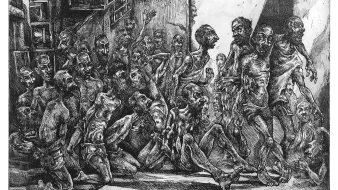 Cette image est une gravure en noir et blanc représentant une scène sombre et chaotique. On y voit une multitude de personnages désespérés, dont les corps sont décharnés et en détresse. Les expressions faciales transmettent une grande souffrance. L'environnement semble oppressant, avec des murs en arrière-plan, suggérant un espace clos. L'œuvre dég dég dég dég dég dég dég dég dég dég dég dég dég dég dég dég dég dég dég dég dég dég dég dég dég dég dég dég dég dég dég dég dég dég dég dég dég dég dég dég dég d'une forte émotion et soulève des thèmes de souffrance et de désespoir.
