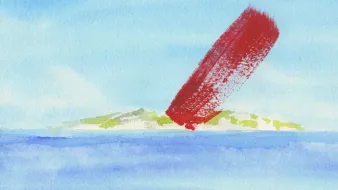 L'image représente une île au milieu d'une mer calme, avec un ciel bleu parsemé de nuages légers. Une large traînée rouge traverse le ciel, créant un contraste frappant avec les teintes douces de l'eau et des paysages environnants. Les contours de l'île sont légèrement flous, suggérant une atmosphère paisible mais également une touche d'imaginaire.
