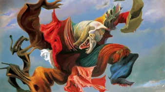 L'immagine presenta un dipinto surreale caratterizzato da figure ambigue e distorte. Al centro, una figura umana con un volto espressivo e deformato sembra muoversi in modo dinamico, mentre indossa abiti dai colori vivaci e in contrasto, che sembrano fluttuare. Intorno a essa, forme inquietanti e creature astratte si intrecciano, creando un senso di movimento e caos. Sullo sfondo, un cielo blu e una paesaggio sfumato offrono un contrasto con l'intensità della scena centrale, rendendo l'opera evocativa e provocatoria.