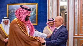 در این تصویر، دو مرد در حال گفت‌وگو و خوش‌آمدگویی به یکدیگر هستند. یکی از آن‌ها لباس سنتی عربی به نام "ثوب" به تن دارد و چفیه‌ای خاص بر سر دارد. او به نظر می‌رسد که در مقام رهبری قرار دارد. مرد دیگر نیز به صورت رسمی لباس پوشیده است و نشان از احترام و ادب در بیان حرکات او دیده می‌شود. در پس‌زمینه، دکوراسیون مجلل و لوکس با تزئینات طلایی و تابلوهایی از مناظر شهری دیده می‌شود که به فضای رسمی این ملاقات افزوده است.