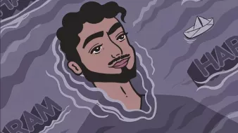 L'image représente un personnage stylisé avec des cheveux bouclés et un léger sourire. Il émerge d'un fond de vagues aux tonalités violettes. Des barques blanches flottent autour de lui, et le mot "HARAM" apparaît plusieurs fois dans le fond. L'ensemble de l'illustration donne une atmosphère à la fois contemplative et dynamique.