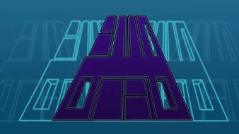 L'image représente une forme géométrique en violet, probablement un logo ou un symbole stylisé, disposé en pyramide. Le fond est d'une teinte bleue, et des lignes ou motifs en arrière-plan ajoutent une dimension graphique. L'ensemble donne une impression futuriste, avec un design épuré et moderne.