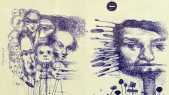 L'image présente un dessin encre, caractérisé par des portraits stylisés et des formes abstraites. À gauche, on peut voir plusieurs visages qui semblent se fondre les uns dans les autres, créant une impression de mouvement et de confusion. À droite, un visage plus distinct émerge, entouré de lignes et de formes géométriques, donnant une sensation de dynamisme. L'ensemble évoque un mélange de réalismes et d'abstractions, avec une palette de bleu profond qui apporte une atmosphère contemplative.
