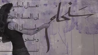 تظهر في الصورة امرأة تحمل فرشاة وتقوم برسم أو كتابة شيء على جدار. الخلفية تحمل لوناً أرجوانياً مع بعض الفقرات المكتوبة باللغة العربية، والتي تحتوي على عبارات تشير إلى الجمال والليل. يبدو أن الصورة تنقل إحساساً بالإبداع والتعبير الفني، وتعكس فكرة المساء والجمال.