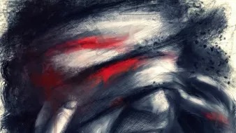 تصویر یک نقاشی انتزاعی است که در آن فردی با دست‌های خود صورتش را گرفته و به نظر می‌رسد در حال فریاد زدن یا ابراز احساساتی شدید است. رنگ‌ها عمدتاً تیره هستند و با رنگ‌های قرمز و خاکستری ترکیب شده‌اند. به کارگیری رنگ‌ها و براش‌های نرم، حس تنش و ناامیدی را به خوبی منتقل می‌کند. این اثر حس قدرتمندی از احساسات درونی را به تصویر می‌کشد.