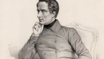 The image features a seated man in a contemplative pose. He has a thoughtful expression, resting his chin on his hand. The man is dressed in a buttoned coat and appears to be in a relaxed yet poised position on an ornate chair. The illustration has a classic, formal style, indicating a historical context. The background is simple, focusing the attention on the figure.