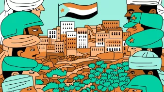 این تصویر نمایی انتزاعی از وضعیت نظامی یا سیاسی در یک منطقه کوهستانی را نشان می‌دهد. در پس‌زمینه، خانه‌هایی با معماری سنتی در کنار یک کوه قرار دارند و پرچم یمن که دارای نوارهای سیاه، سفید و نارنجی است در بالای آسمان به اهتزاز درآمده است. در جلو، شخصیت‌های انسانی با پوشش‌های نظامی و سرپوش‌های مختلف قرار دارند که به نظر می‌رسد در حال تبادل نظر یا بحث در مورد موضوعی مهم هستند. رنگ‌ها در تصویر شاد و متنوع هستند، با استفاده از سبز، قهوه‌ای و رنگ‌های گرم.