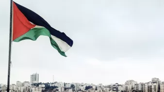 L'image montre un paysage urbain avec une vue sur de nombreux bâtiments modernes. Au premier plan, un drapeau palestinien flotte, composé de trois bandes horizontales (noire, blanche et verte) et d'un triangle rouge. L'arrière-plan présente une ville, dense en architecture, sous un ciel légèrement nuageux. Les couleurs du drapeau et l'urbanisme dans l'image évoquent une ambiance à la fois culturelle et urbaine.
