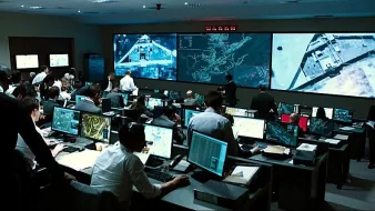 L'image montre une salle de commandes avec de nombreuses personnes travaillant devant des ordinateurs. Il y a plusieurs écrans géants affichant des cartes et des informations, et l'atmosphère semble intense et concentrée. Les employés, habillés en costumes ou en tenues professionnelles, semblent analyser des données ou surveiller des opérations en temps réel. La pièce est éclairée par la lumière des écrans, créant une ambiance technologique et dynamique.