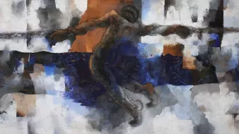 L'image présente une composition artistique abstraite avec un personnage central semblant s'efforcer de tirer ou de pousser quelque chose. Le corps est esquissé de manière fluide, avec des lignes sombres qui contrastent avec un fond de couleurs variées, incluant des tons de bleu, orange et blanc. Des formes géométriques et des textures ajoutent de la profondeur à l'œuvre, tandis que des traces de calligraphie peuvent être aperçues, intégrant un aspect culturel. L'ensemble dégage une impression de mouvement et de lutte, symbolisant peut-être un effort ou une résistance.