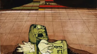 L'image présente une scène surréaliste avec des couleurs terreuses et des formes géométriques. Au premier plan, une figure humaine, peut-être une statue, semble émerger du sol. Elle a des traits anguleux et une posture désespérée, les bras étendus. À l'arrière-plan, on distingue une élévation ou une montagne, avec des motifs colorés, évoquant une ambiance mystérieuse. L'ensemble de l'œuvre semble communiquer des thèmes de détresse et de connexion à la terre. 